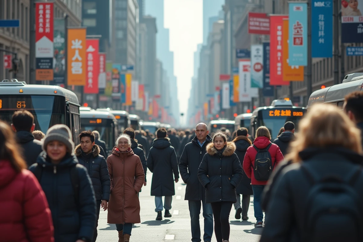 Passants de différentes origines dans une rue animée de la ville