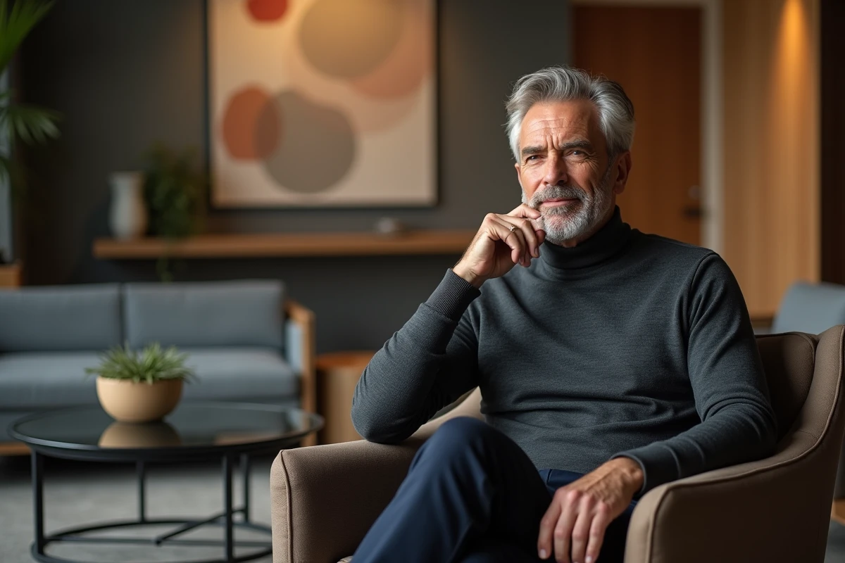 Personnalité médiatique masculine posant dans un salon moderne lors d'une session photo éditoriale