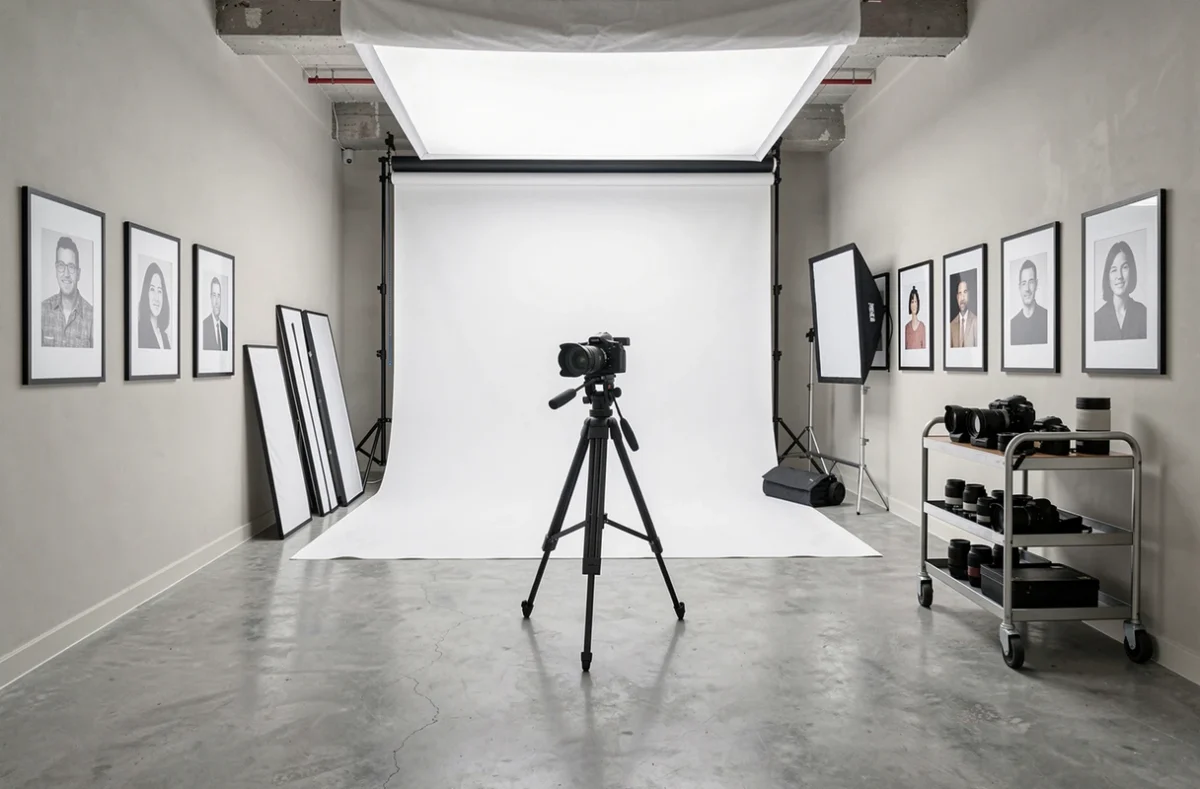 Intérieur professionnel du studio photo Photo Ciné Vidéo Blois avec cyclorama blanc et équipements photo