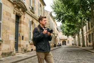 Photographe professionnel tenant un appareil photo dans une rue pittoresque du Loir-et-Cher avec architecture en pierre typique