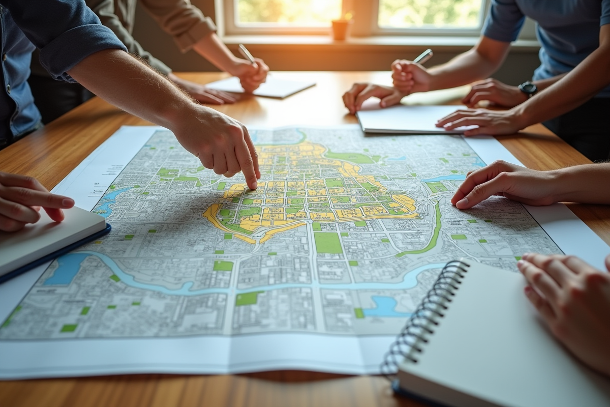 Plan d urbanisme sur une table avec plusieurs mains