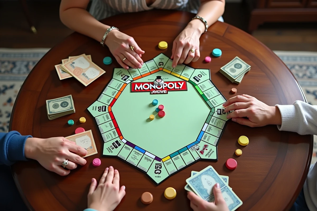 Vue aérienne d'un plateau de Monopoly Junior installé sur une table avec les mains d'une grand-mère et d'un enfant