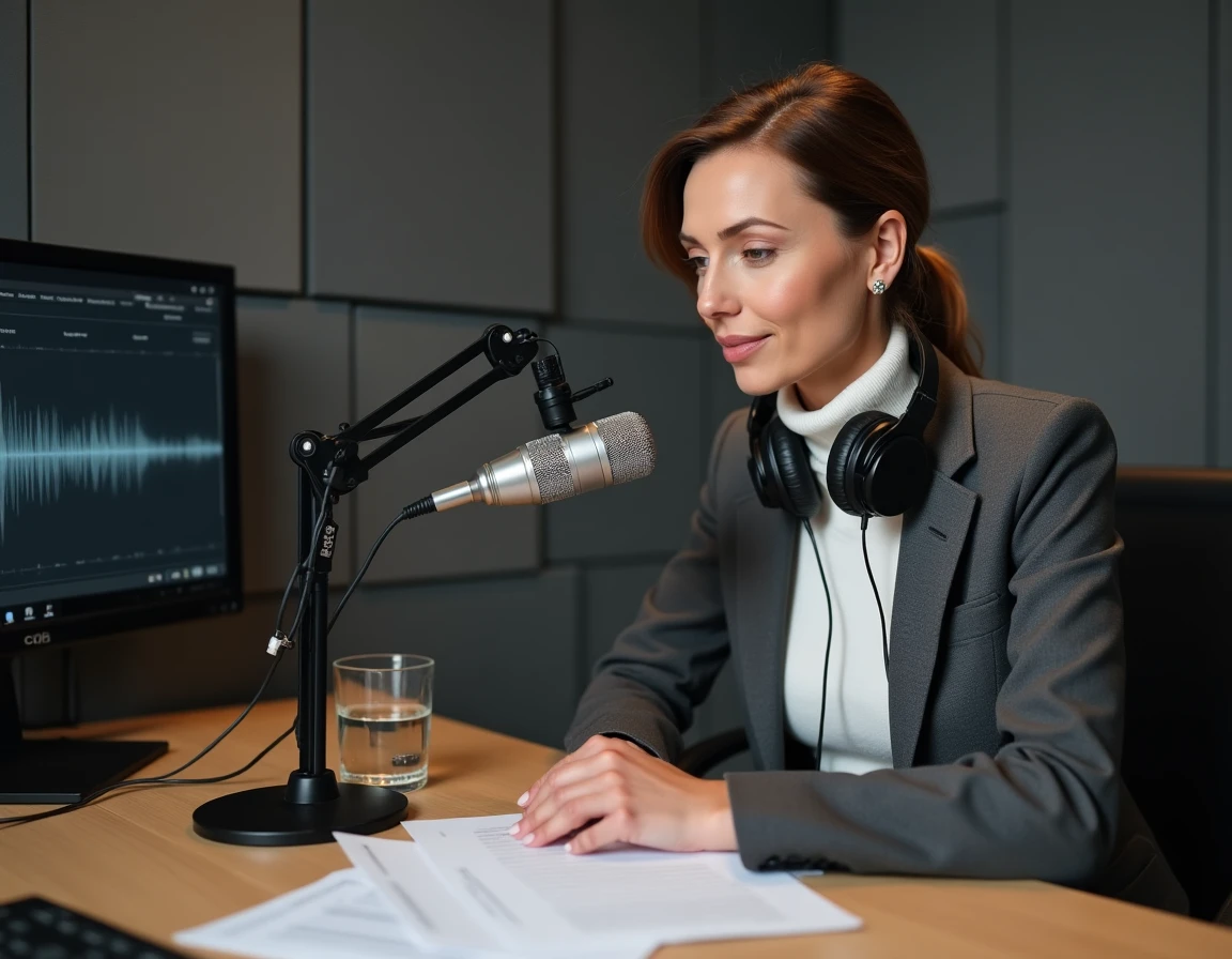 Podcasteuse enregistrant un épisode sur les limites de l'humour noir et la liberté d'expression