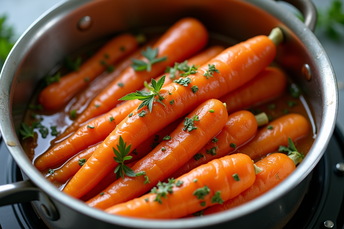 Préparation des carottes Vichy dans une casserole en inox