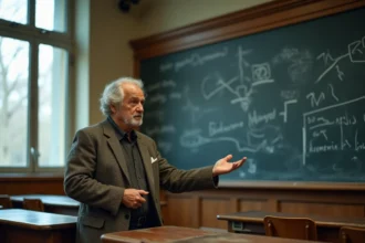 Professeur de rhétorique gesticulant devant un tableau couvert de figures de style ironiques dans un amphithéâtre universitaire