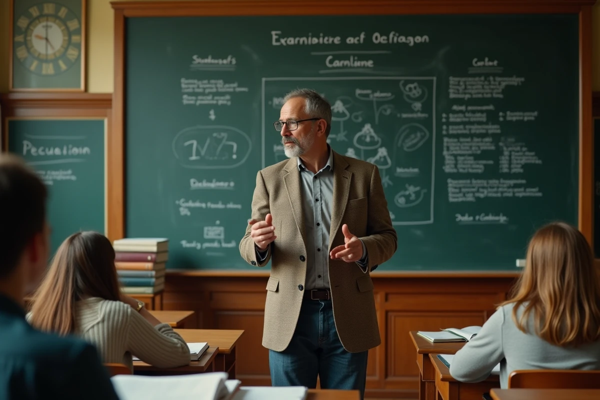 Professeur de sociologie expliquant le concept de fait social devant un tableau dans un amphithéâtre universitaire