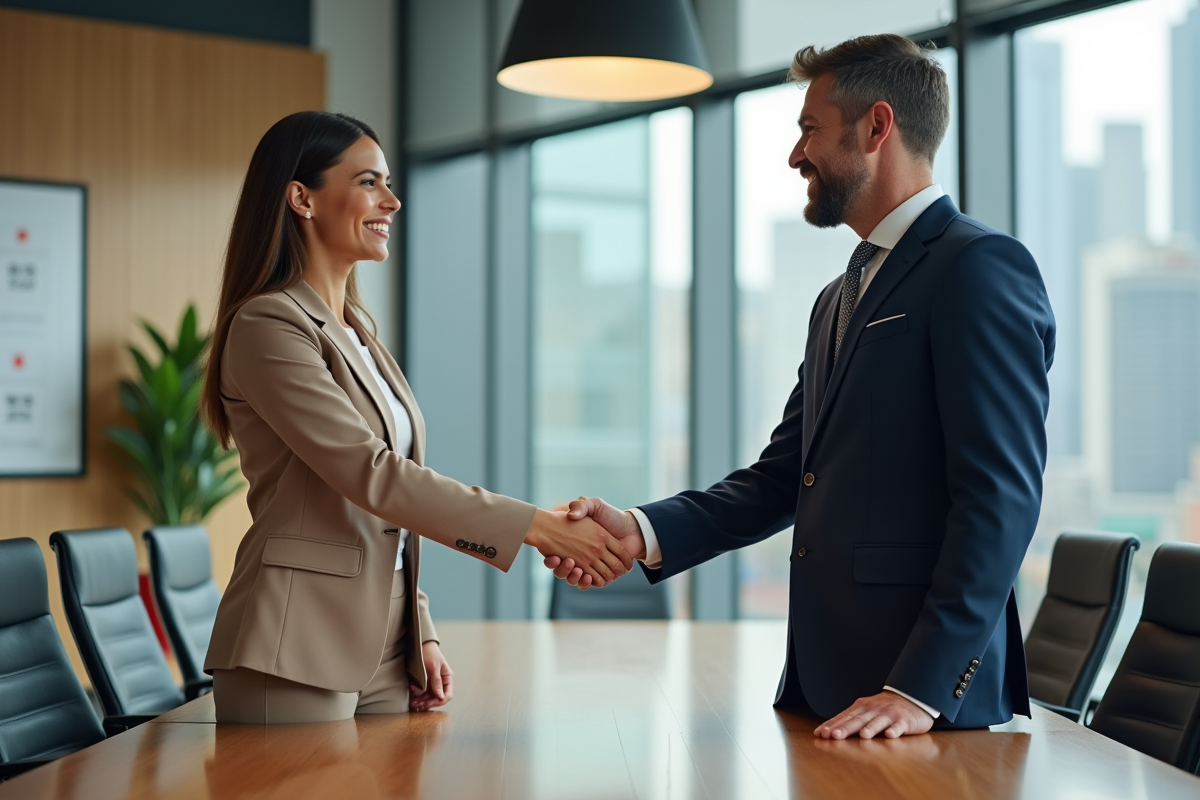 Deux professionnels se serrent la main dans un bureau moderne