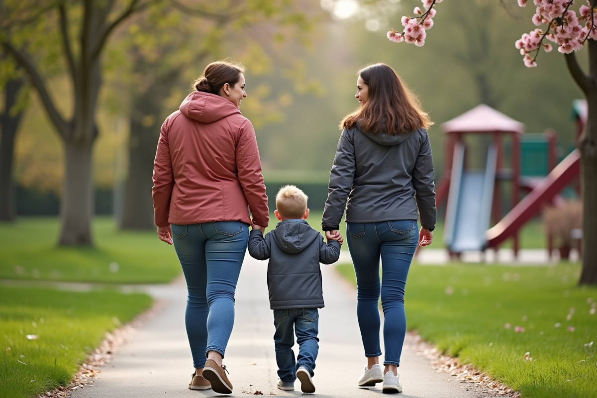 Deux femmes et un garçon se promènent dans un parc verdoyant au printemps