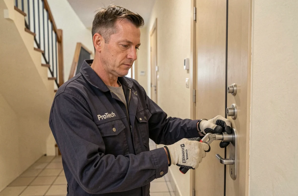 Un serrurier ProTech en veste de travail ouvre une porte d'appartement à Angers avec des outils professionnels