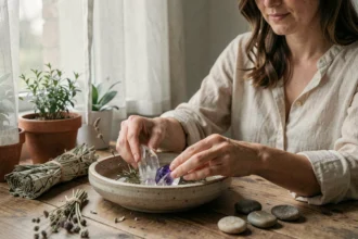 Femme purifiant des cristaux et pierres semi-précieuses dans un bol en céramique avec de l'eau et des herbes séchées