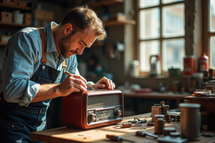 Artisan restaurant une radio ancienne dans un atelier moderne