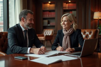 Homme et femme d'affaires élégants discutant dans un club privé