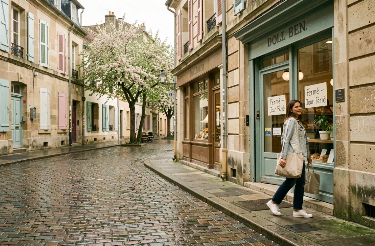 Rue calme d'une ville française un lundi de Pentecôte avec commerces fermés et panneau jour férié