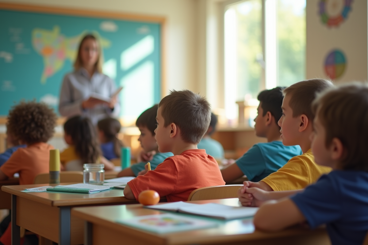 Salle de classe lumineuse avec des enfants attentifs