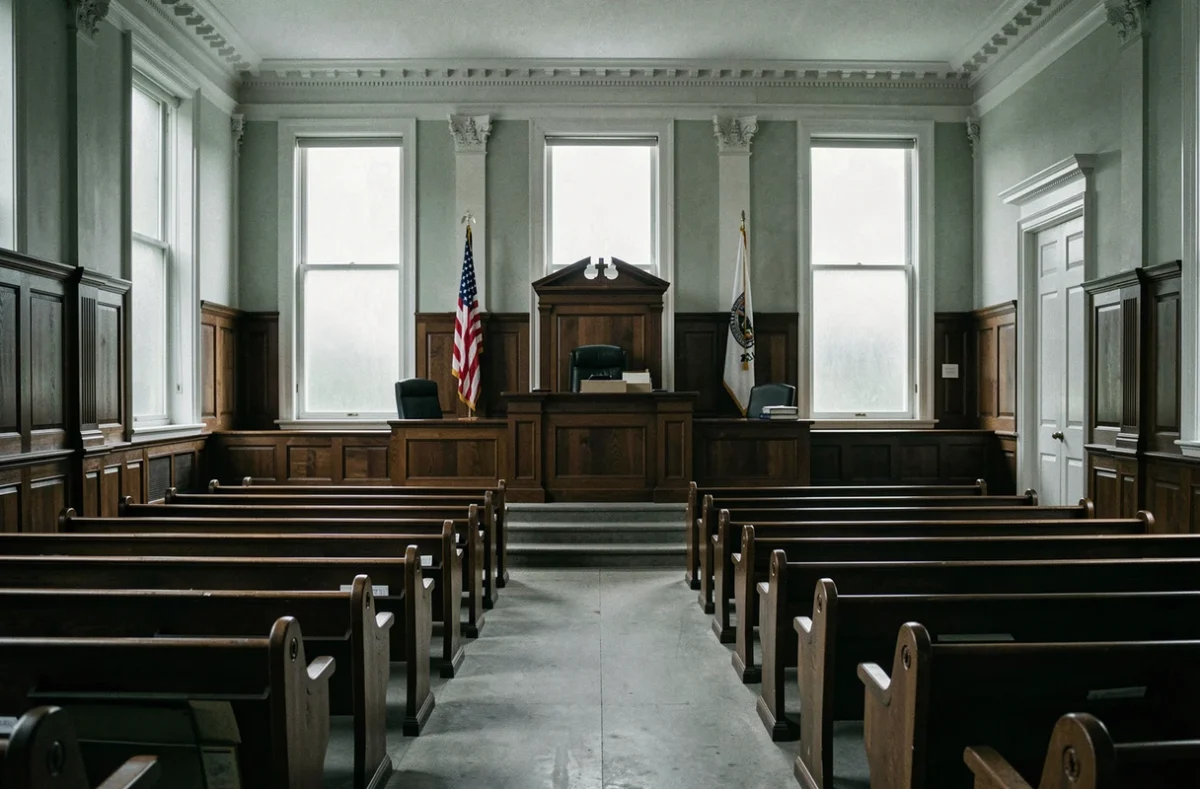 Salle de tribunal américaine vide avec bancs en bois sombre, pupitre du juge et drapeau américain, évoquant le poids de la justice