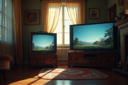 Salon ancien avec TV vintage et moderne contraste