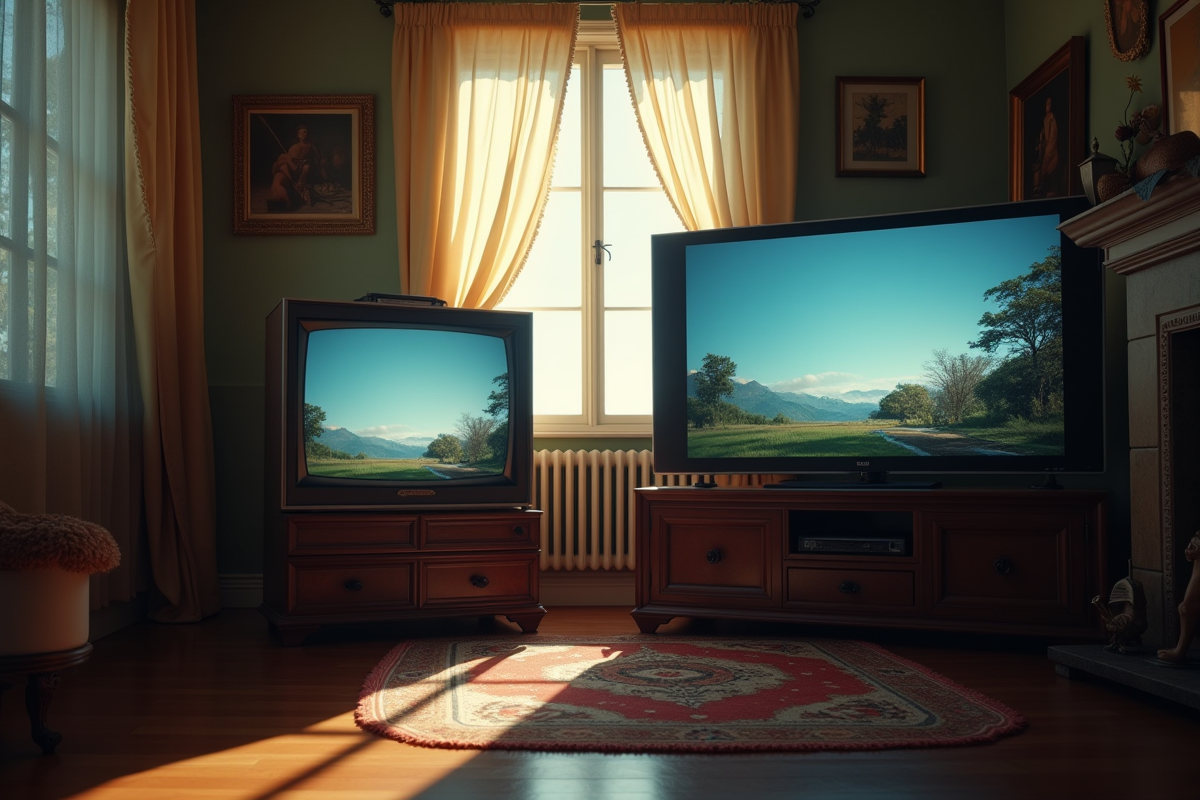 Salon ancien avec TV vintage et moderne contraste