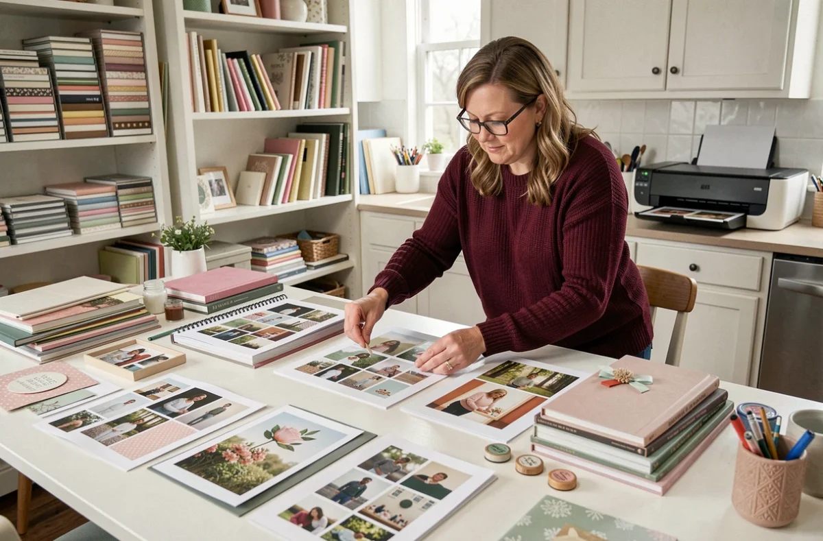 Femme arrangeant des pages de scrapbooking imprimées sur une grande table entourée d'accessoires de loisirs créatifs