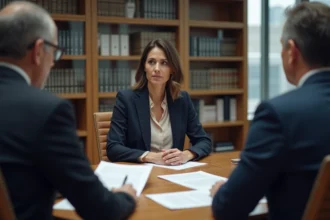 Séance de médiation civile avec une médiatrice professionnelle et deux parties autour d'une table de conférence en bois, illustrant l'article 750-1 du Code de procédure civile