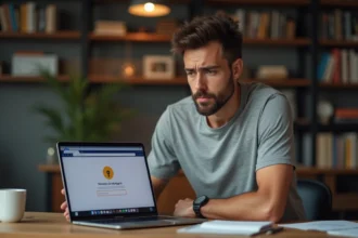 Homme scrutant un avertissement de site suspect sur son ordinateur portable à domicile