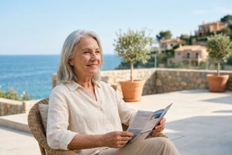 Femme senior souriante face à la Méditerranée sur la Côte d'Azur