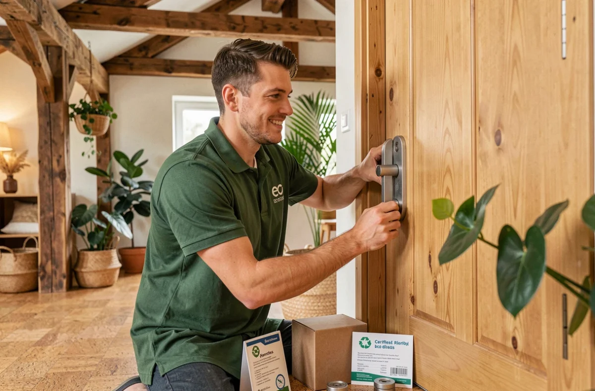 Un serrurier écologique installe une serrure en matériaux recyclés sur une porte en bois naturel dans une maison éco-rénovée à Nantes