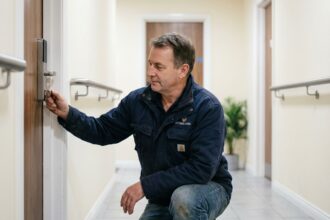 Serrurier en action, travaillant sur une porte à Lyon