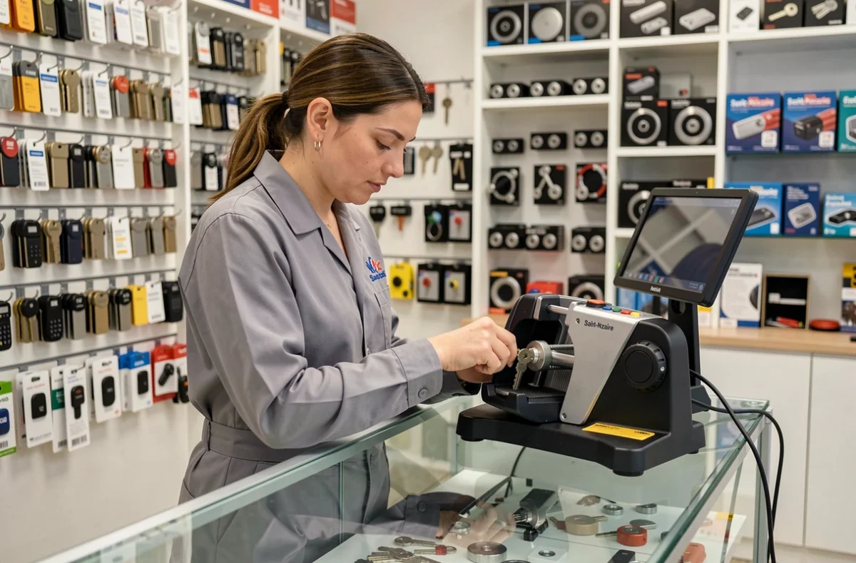 Une technicienne serrurier réalise une reproduction de clé sur machine professionnelle dans une boutique à Saint-Nazaire