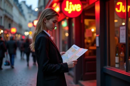 Jeune femme consultant une carte devant l'entrée d'une boîte de nuit à Lille, rue pavée animée en soirée