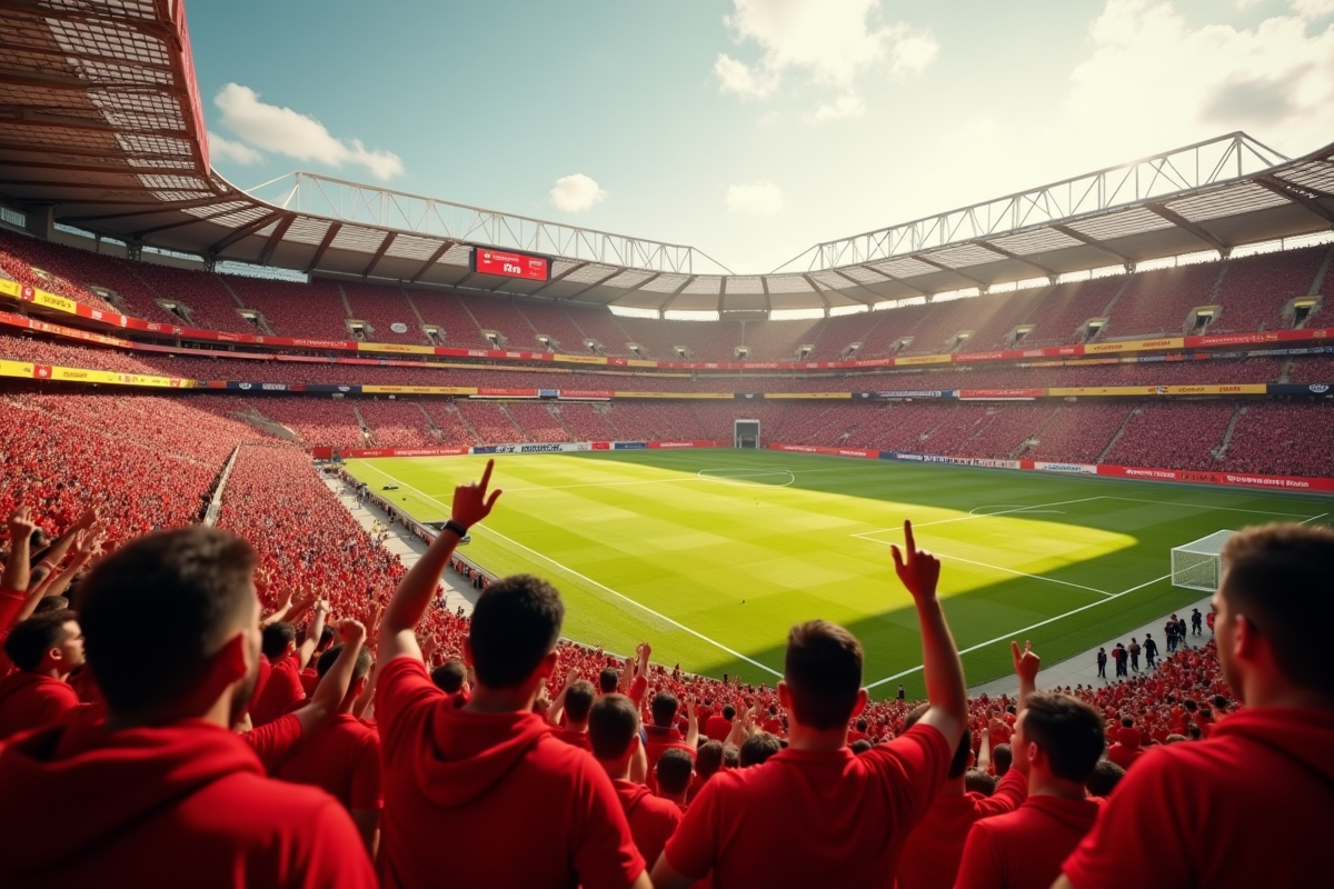 Stade bondé à Lens avec supporters en rouge et or