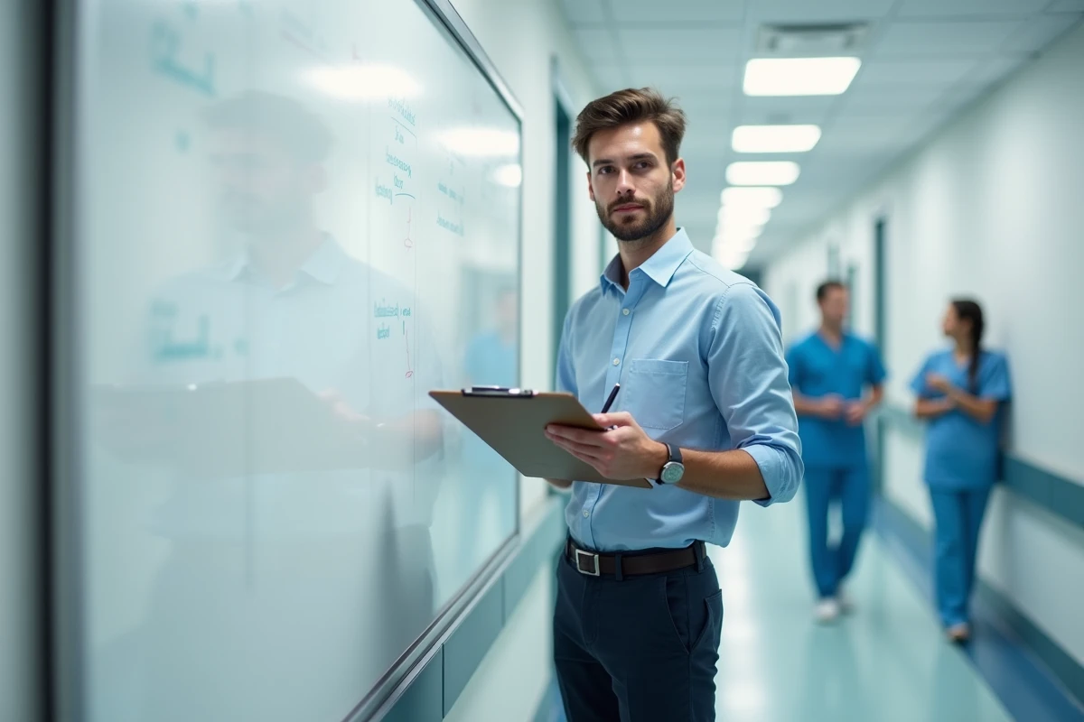 Étudiant en stage clinique dans un couloir d'hôpital, prenant des notes sur un bloc-notes professionnel