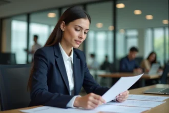 Jeune femme en stage professionnel en entreprise, consultant des documents dans un open space moderne