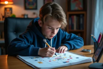 Adolescent préparant une stratégie de composition HDV 12 pour le Clash of Clans sur un cahier avec des formations de troupes dessinées à la main