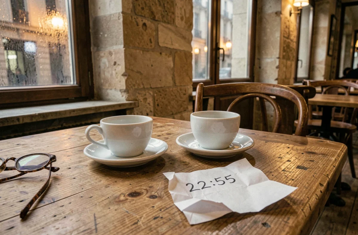 Deux tasses vides sur une table de café avec une note manuscrite indiquant 22h55, évoquant l'absence et le lien entre flammes jumelles