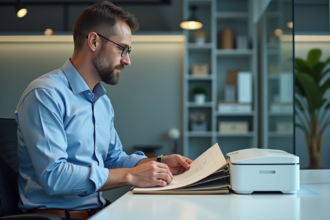 Homme de bureau en bleu scannant des papiers anciens