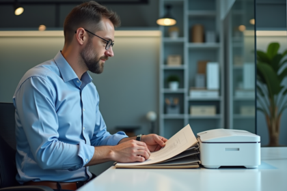 Homme de bureau en bleu scannant des papiers anciens