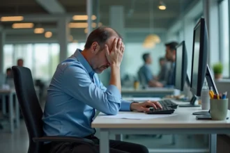 Homme d age au bureau en detresse
