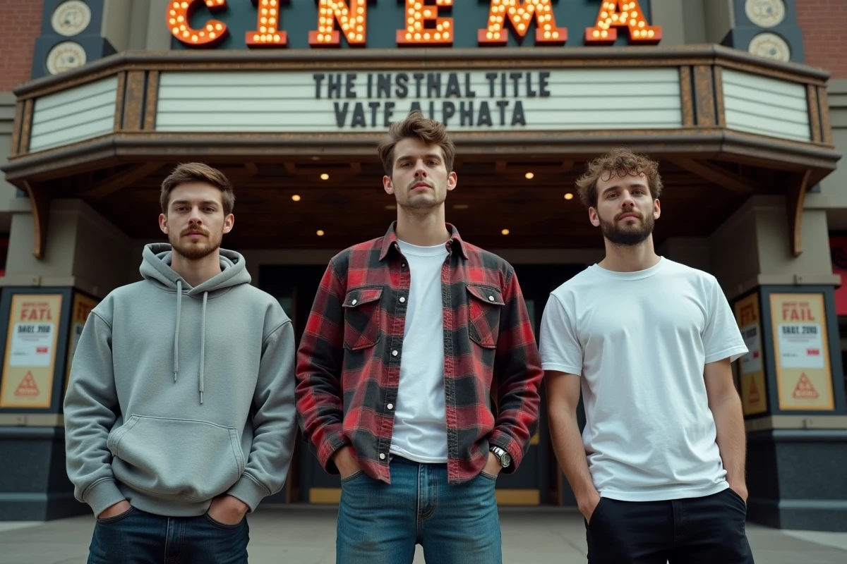 Trois acteurs en tenue décontractée devant la façade d'un cinéma urbain illustrant le changement de casting dans les films Spider-Man