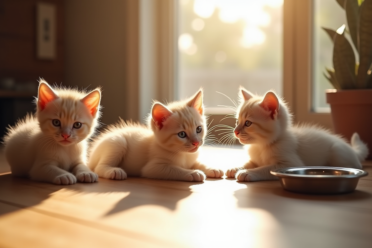 Trois chatons joueurs sur un sol en bois en plein soleil