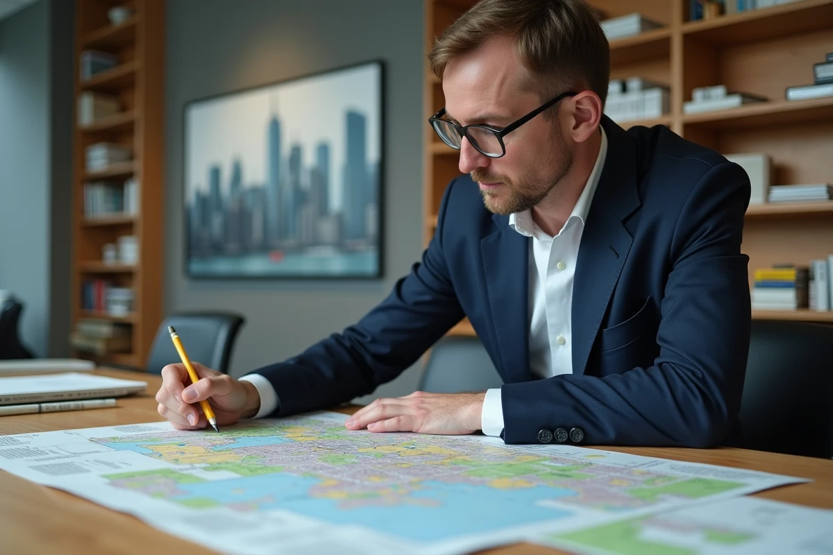 Urbaniste analysant une carte de zonage en bureau moderne