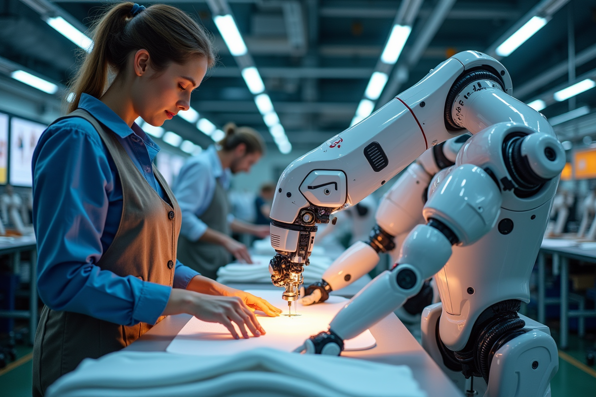 Usine futuriste avec robots et humains fabriquant des vetements haut de gamme