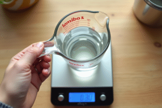 Verre mesureur avec 300 ml d'eau sur balance digitale