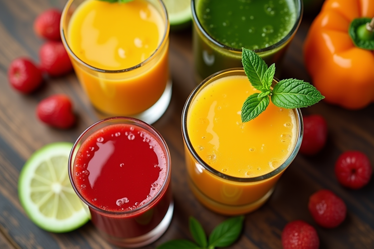 Verres de jus de fruits et légumes sur table en bois rustique