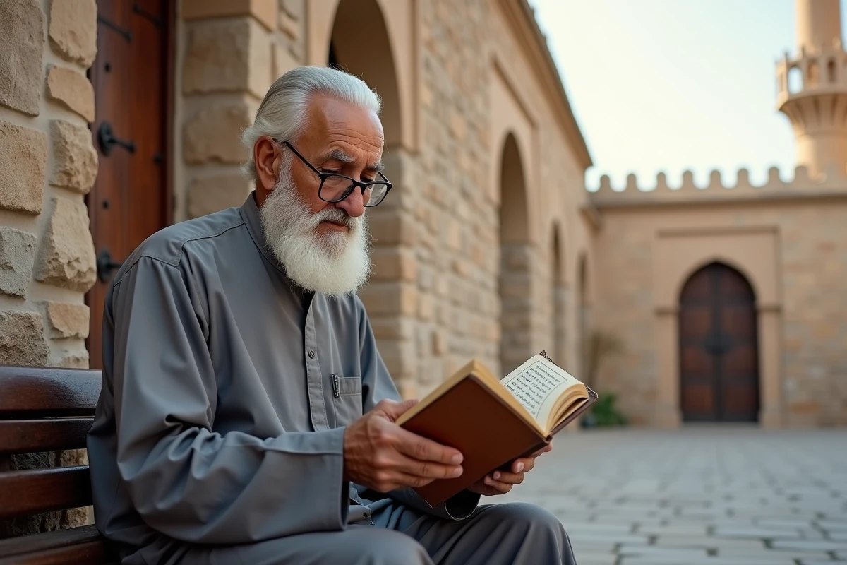 Vieil homme lisant un calendrier de prière Imsak devant une mosquée historique en ville
