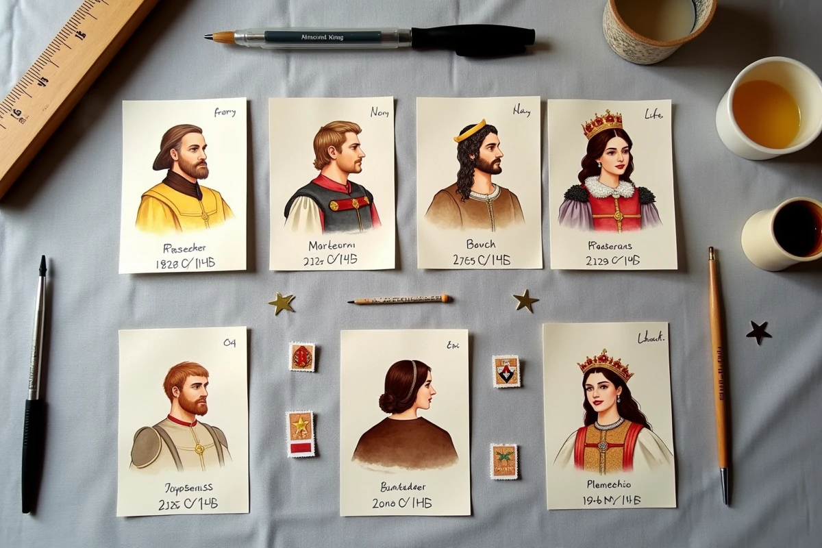 Vue de dessus d'une frise artisanale des rois de France avec cartes illustrées, étiquettes manuscrites et éléments décoratifs héraldiques