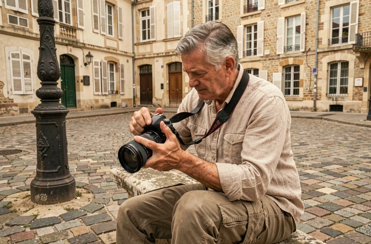 Photographe expérimenté Willy 41 consultant ses photos sur son appareil dans une place de Blois
